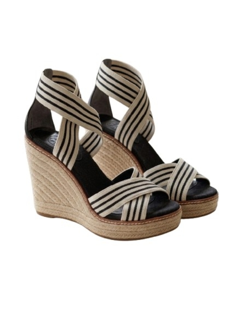 Tory Burch Frieda Espadrille Wedge Sandals Black White Striped Women's Size 7.5